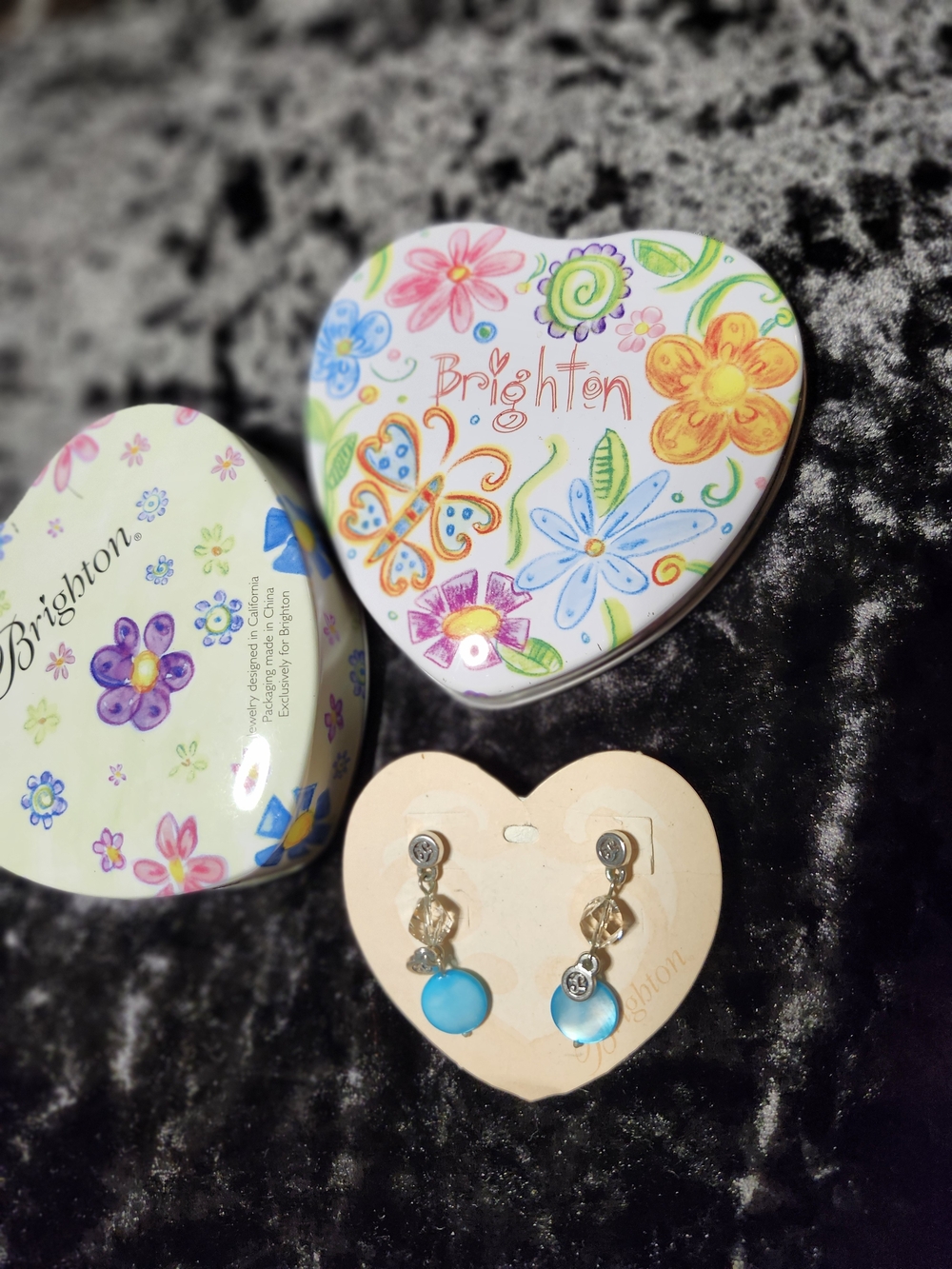 Brighton Blue Beaded Dangle Earrings with Collector Heart Tin Box Set